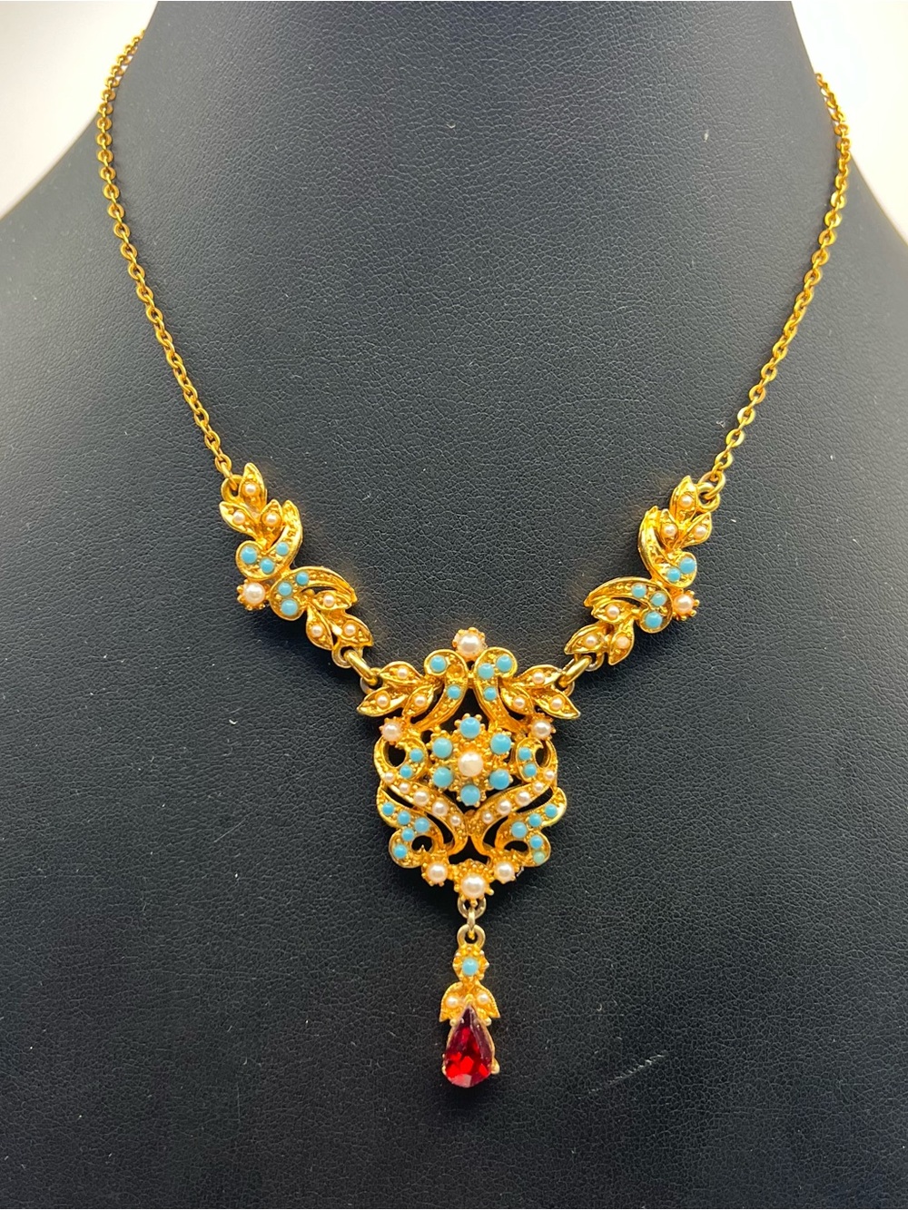 Vintage Exquisite Brand Victorian Revival Gold Tone Drop Necklace